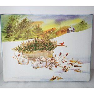 Vtg Country Snow Fall Cardinal Canvas Embroidery Work Signed Framed Wall Art